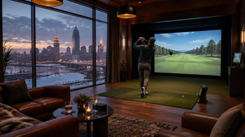 Golfer finishing a swing in an indoor golf simulator bay with the snowy downtown Cleveland skyline through the window