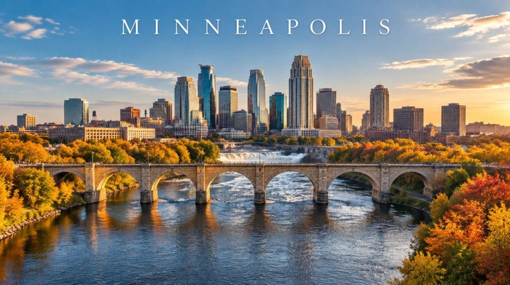 Travel-poster style aerial of the Stone Arch Bridge and downtown Minneapolis in fall color, with MINNEAPOLIS lettering in the sky