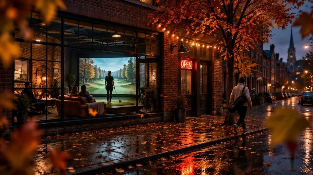 Golfer carrying a bag past a glowing indoor golf simulator lounge on a Philadelphia street covered in fall leaves