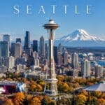 Travel-poster style aerial of the Space Needle, downtown Seattle and Mount Rainier with fall color, with SEATTLE lettering in the sky