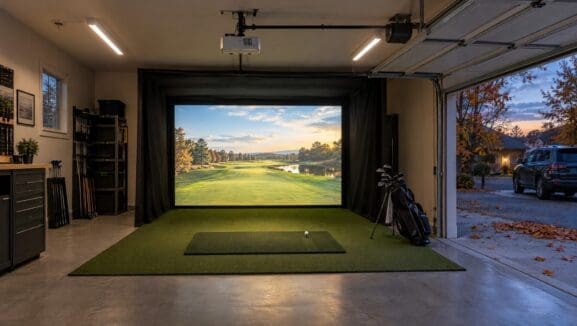 Garage golf simulator with glowing impact screen, open garage door and autumn driveway at dusk